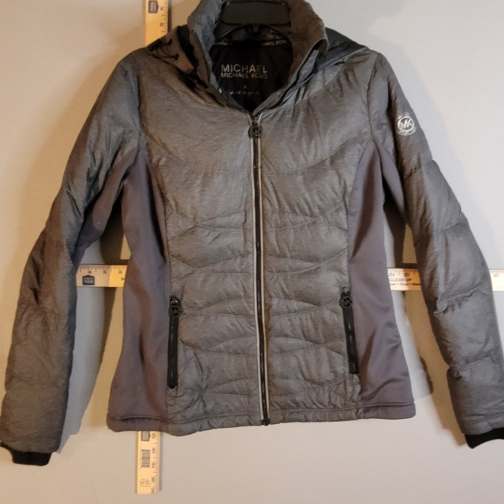 Michael Michael Kors Womens Grey Hooded Down Puffer Jacket Hybrid Size S 130013